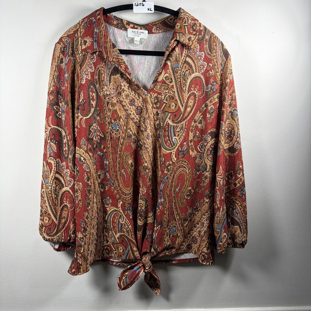 Kim & Cami Tunic Faux Tie Knot Short Sleeve‎ Top Size XLarge Burgundy